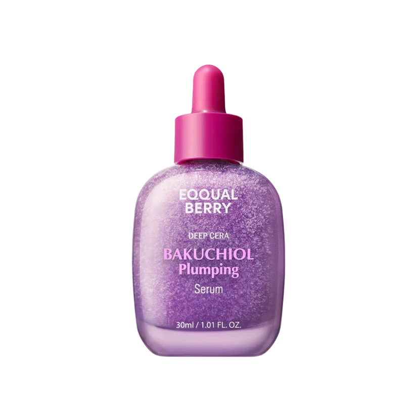 Bakuchiol plumping serum bottle with pink dropper on a purple background