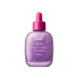 Bakuchiol plumping serum bottle with pink dropper on a purple background